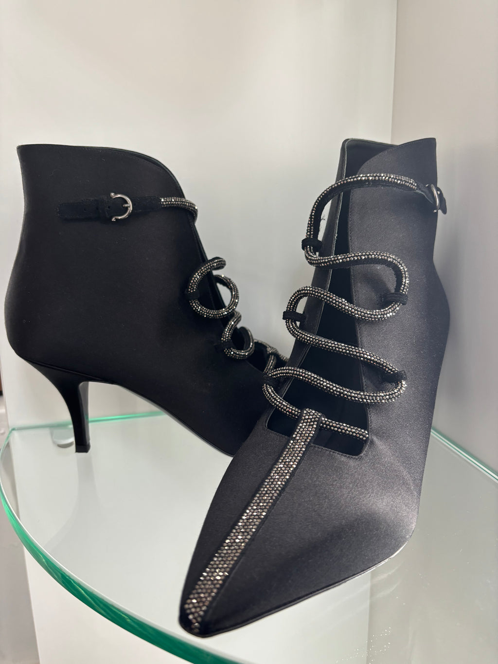 Salvatore Ferragamo Ciconia 70 Satin Pointy Toe Embellished Booties