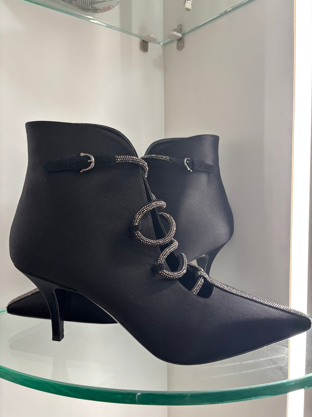 Salvatore Ferragamo Ciconia 70 Satin Pointy Toe Embellished Booties